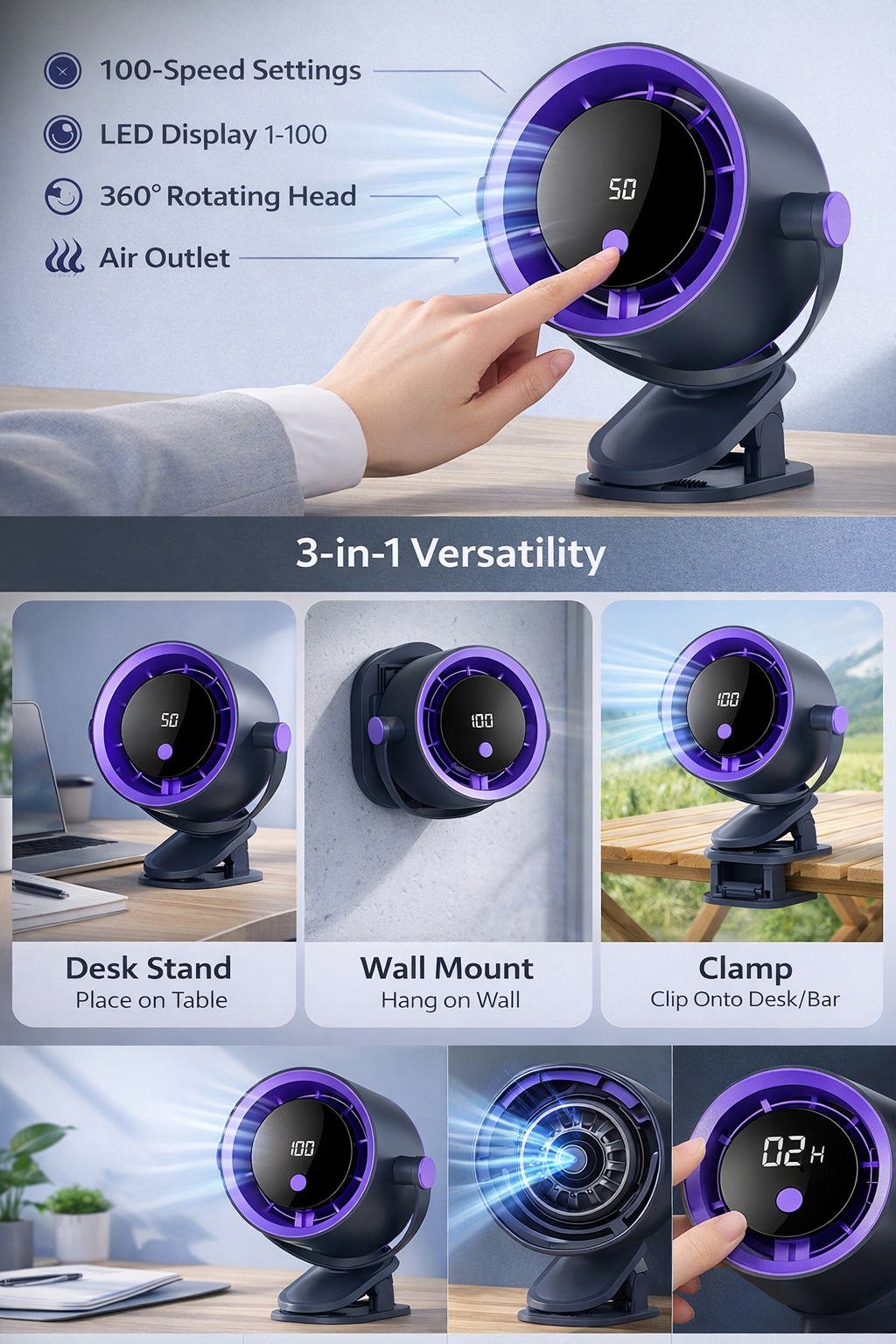 3-in-1 Portable Desk Clip Fan