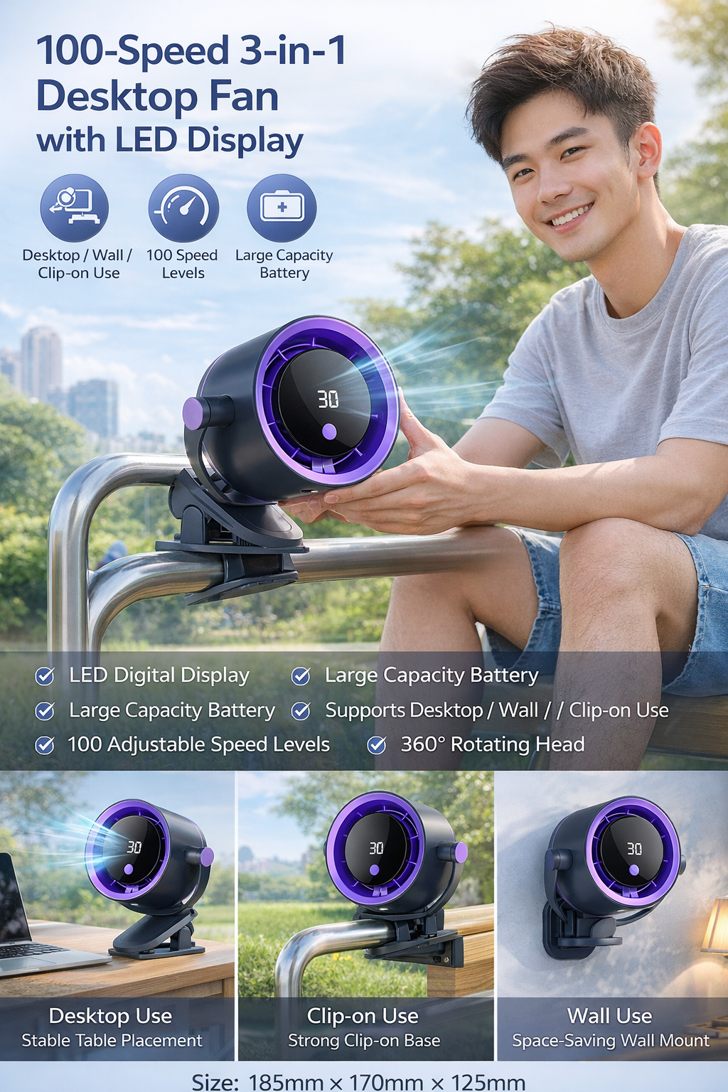 3-in-1 Portable Desk Clip Fan