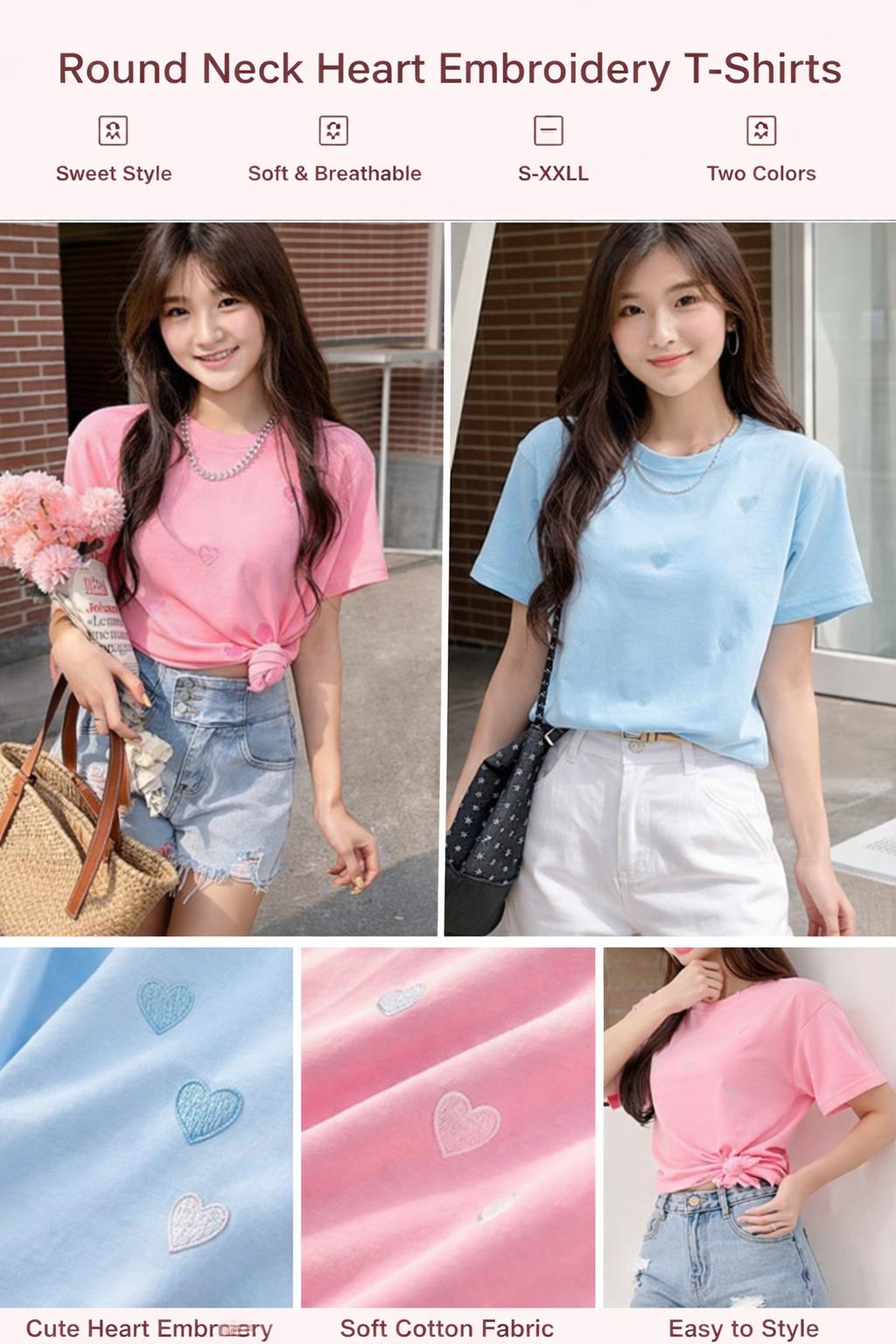 Pink Blue Heart Embroidered Tee