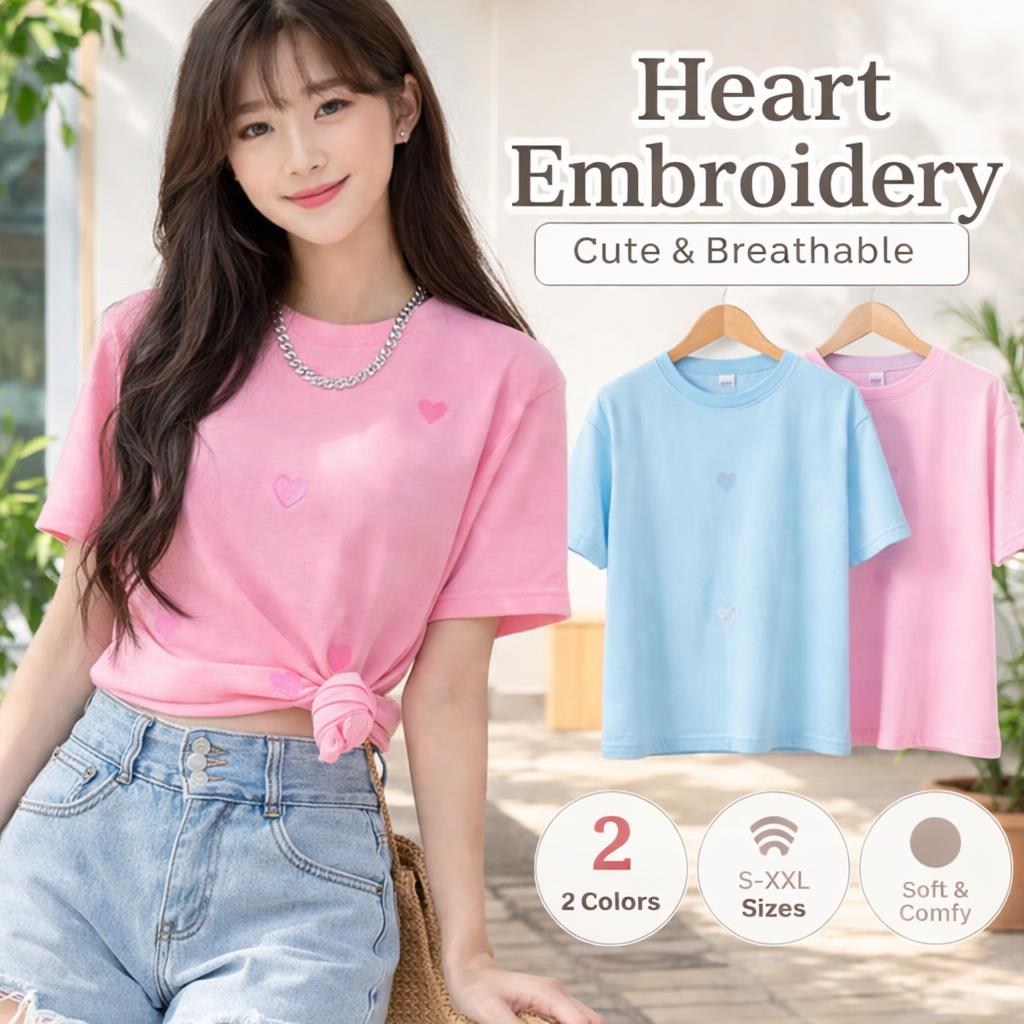 Pink Blue Heart Embroidered Tee