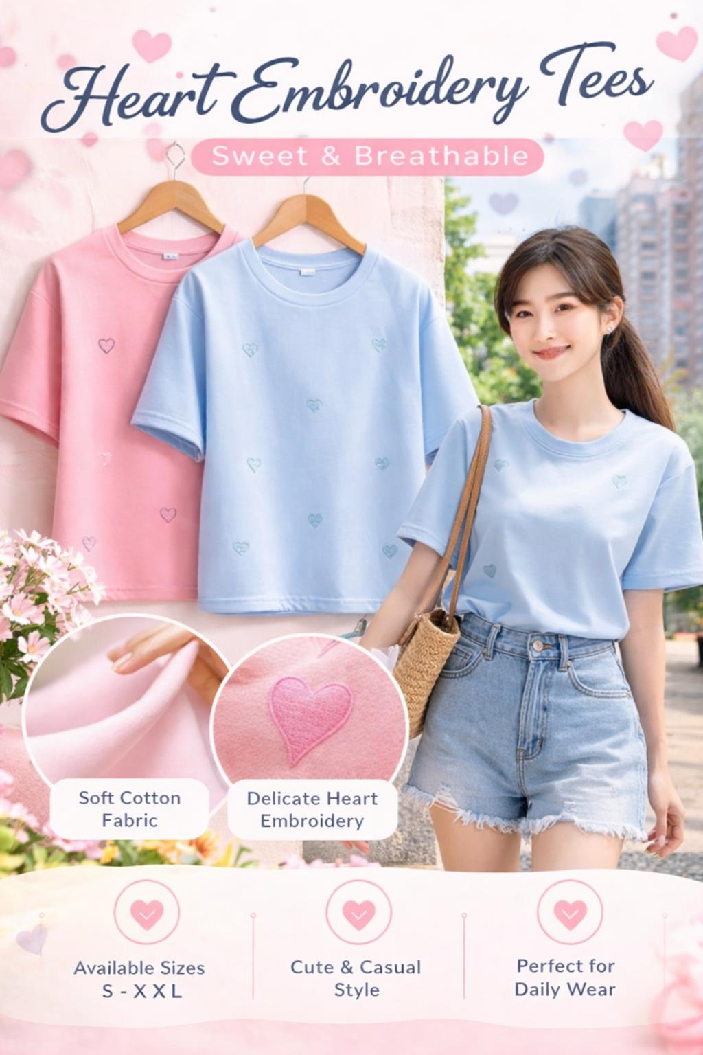 Pink Blue Heart Embroidered Tee