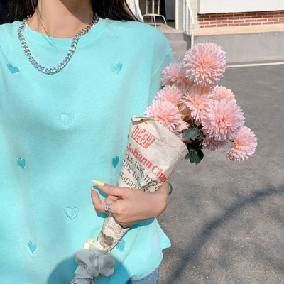 Pink Blue Heart Embroidered Tee