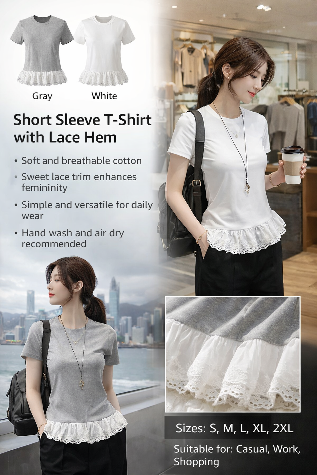 Women's Cotton Lace Trim Short Tees