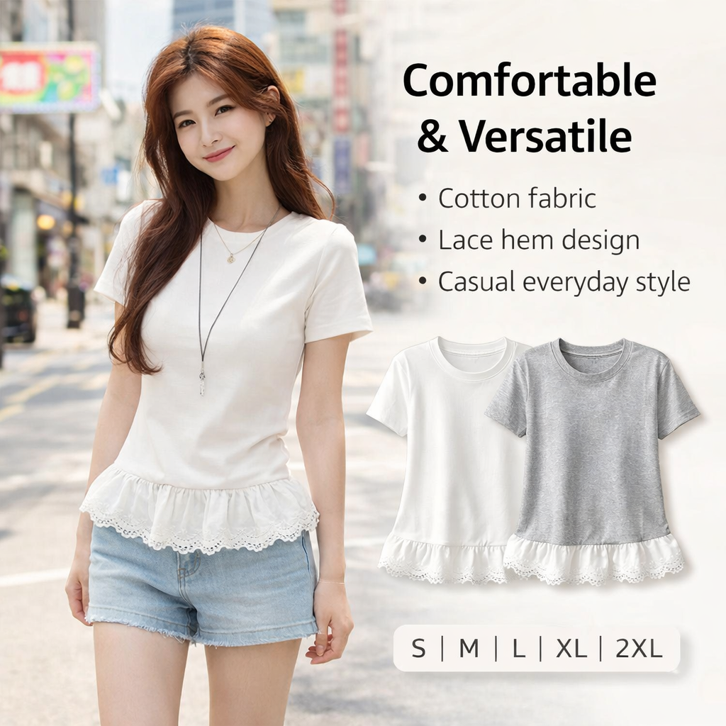 Women's Cotton Lace Trim Short Tees