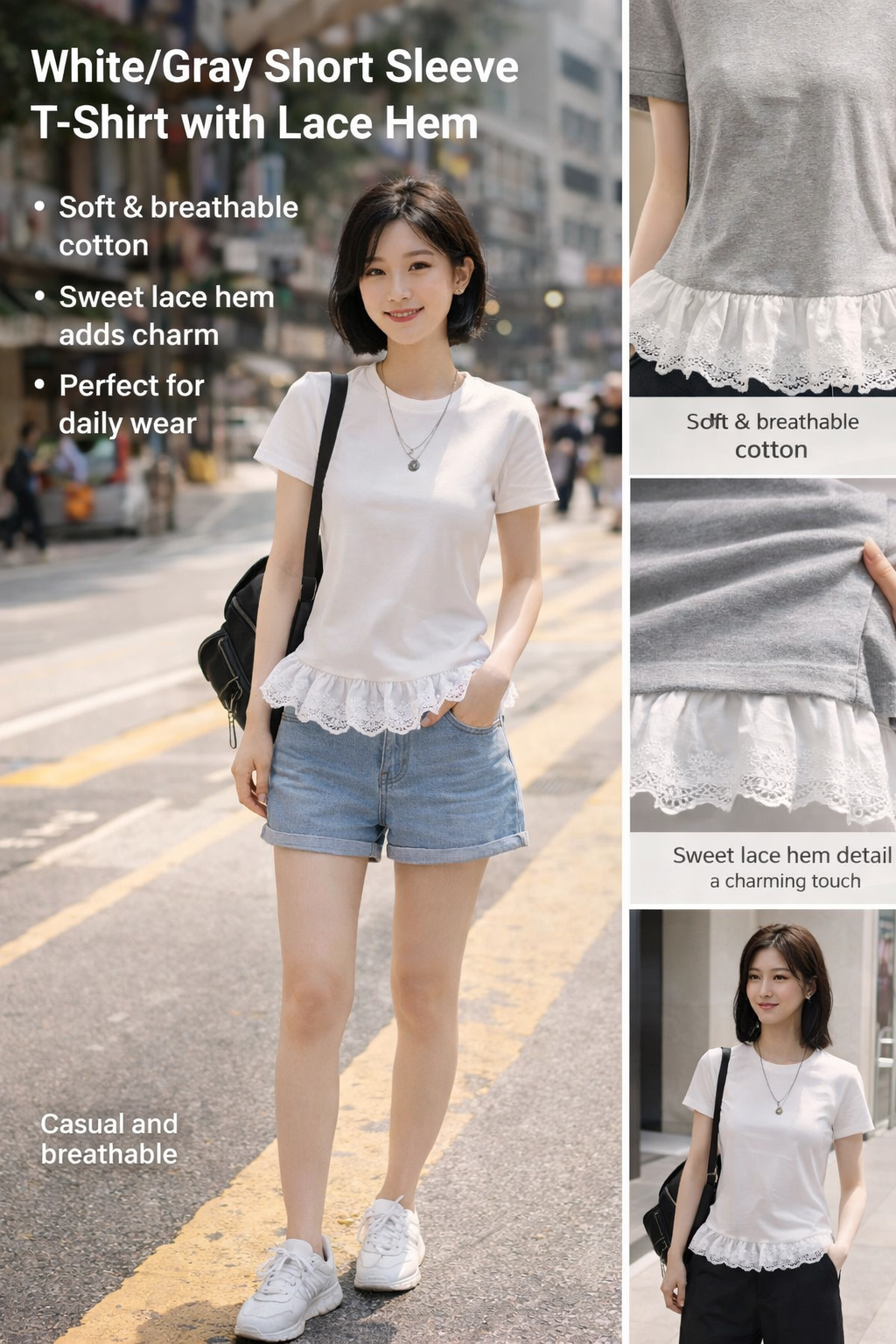 Women's Cotton Lace Trim Short Tees