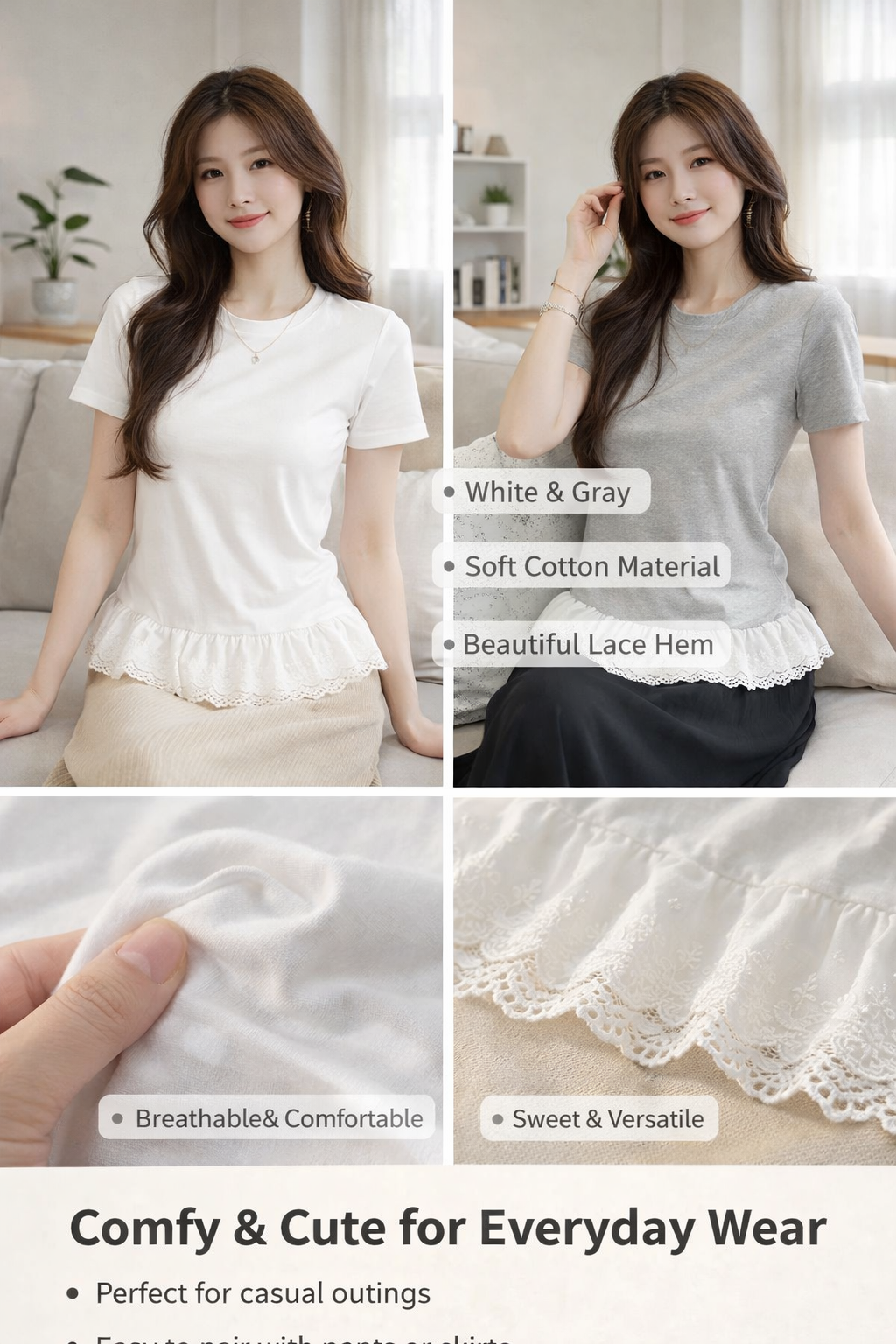 Women's Cotton Lace Trim Short Tees