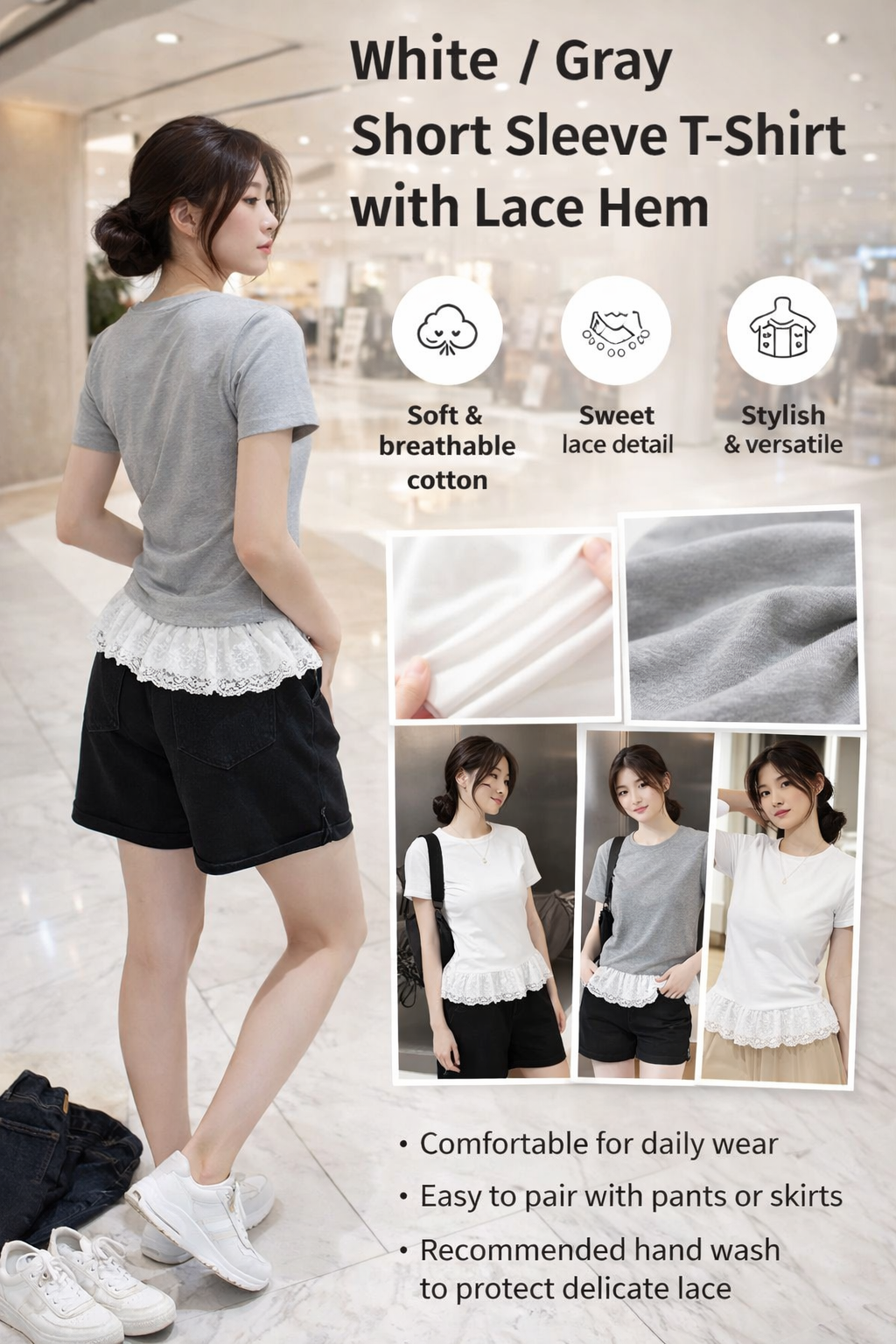 Women's Cotton Lace Trim Short Tees