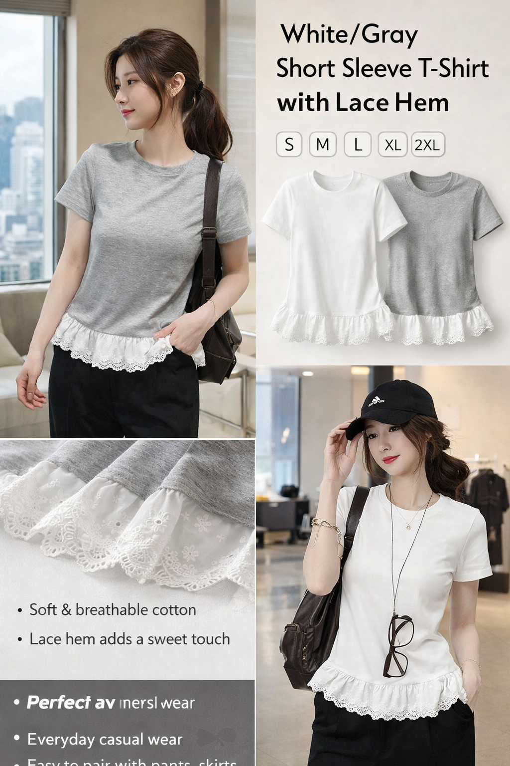 Women's Cotton Lace Trim Short Tees