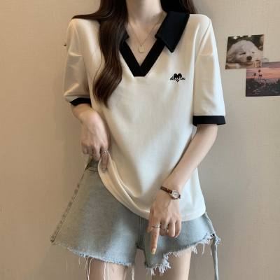 Women's Heart Embroidery V-Neck Polo Short Sleeve T-Shirt