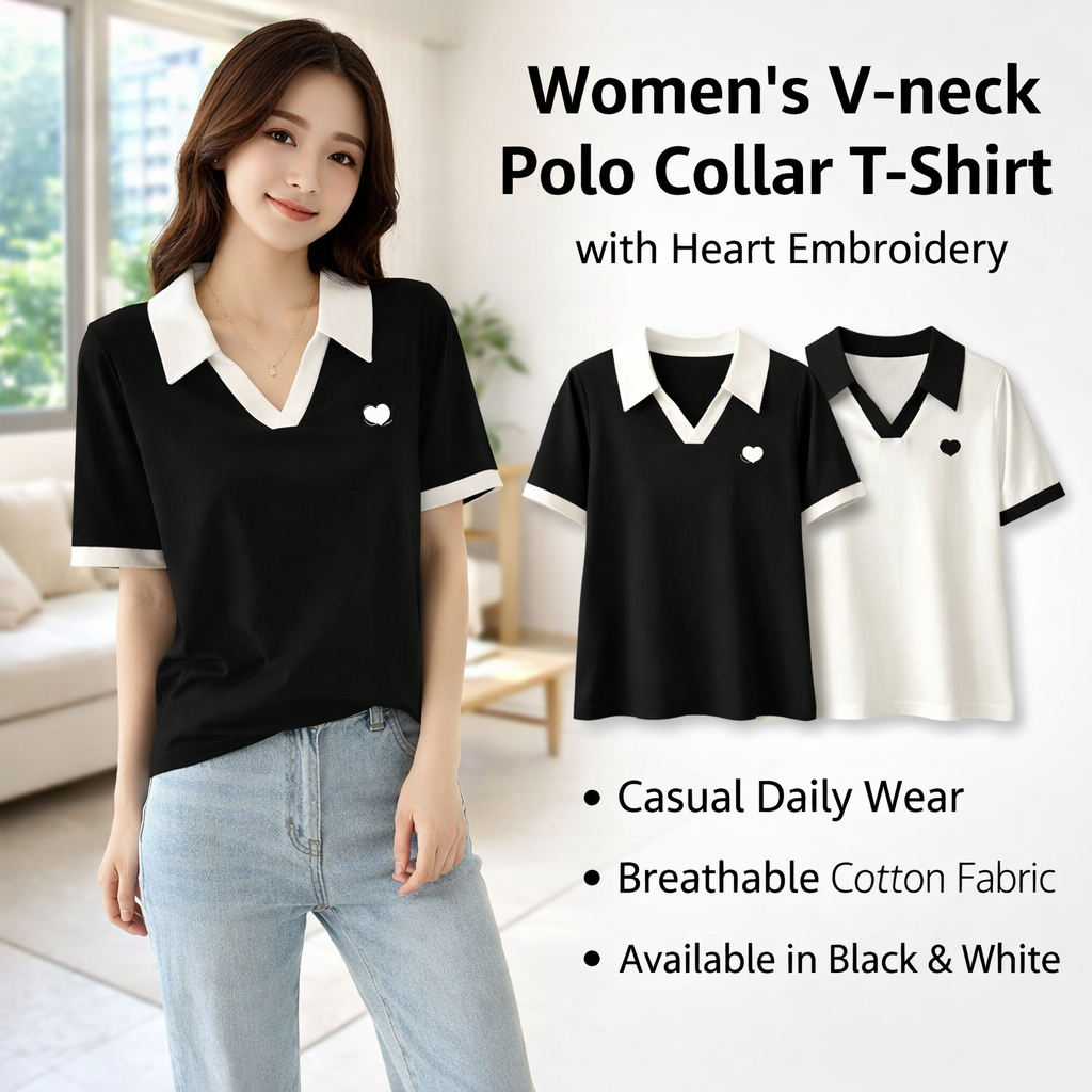 Women's Heart Embroidery V-Neck Polo Short Sleeve T-Shirt