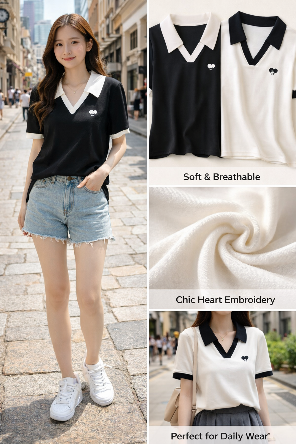 Women's Heart Embroidery V-Neck Polo Short Sleeve T-Shirt