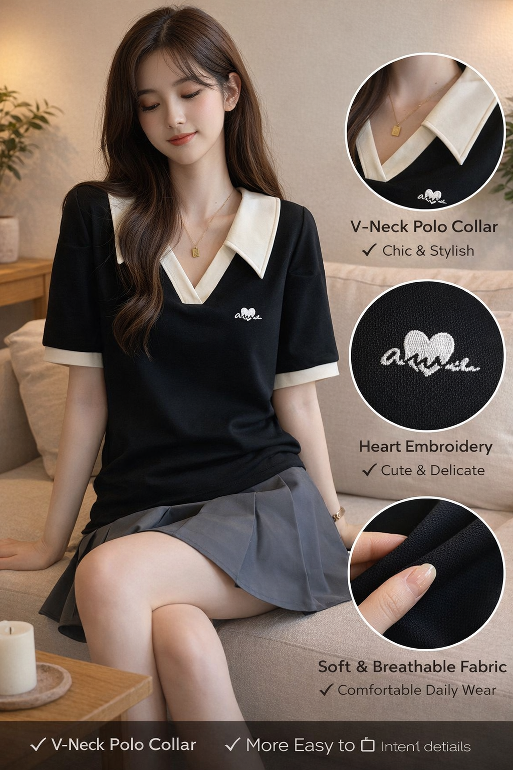 Women's Heart Embroidery V-Neck Polo Short Sleeve T-Shirt
