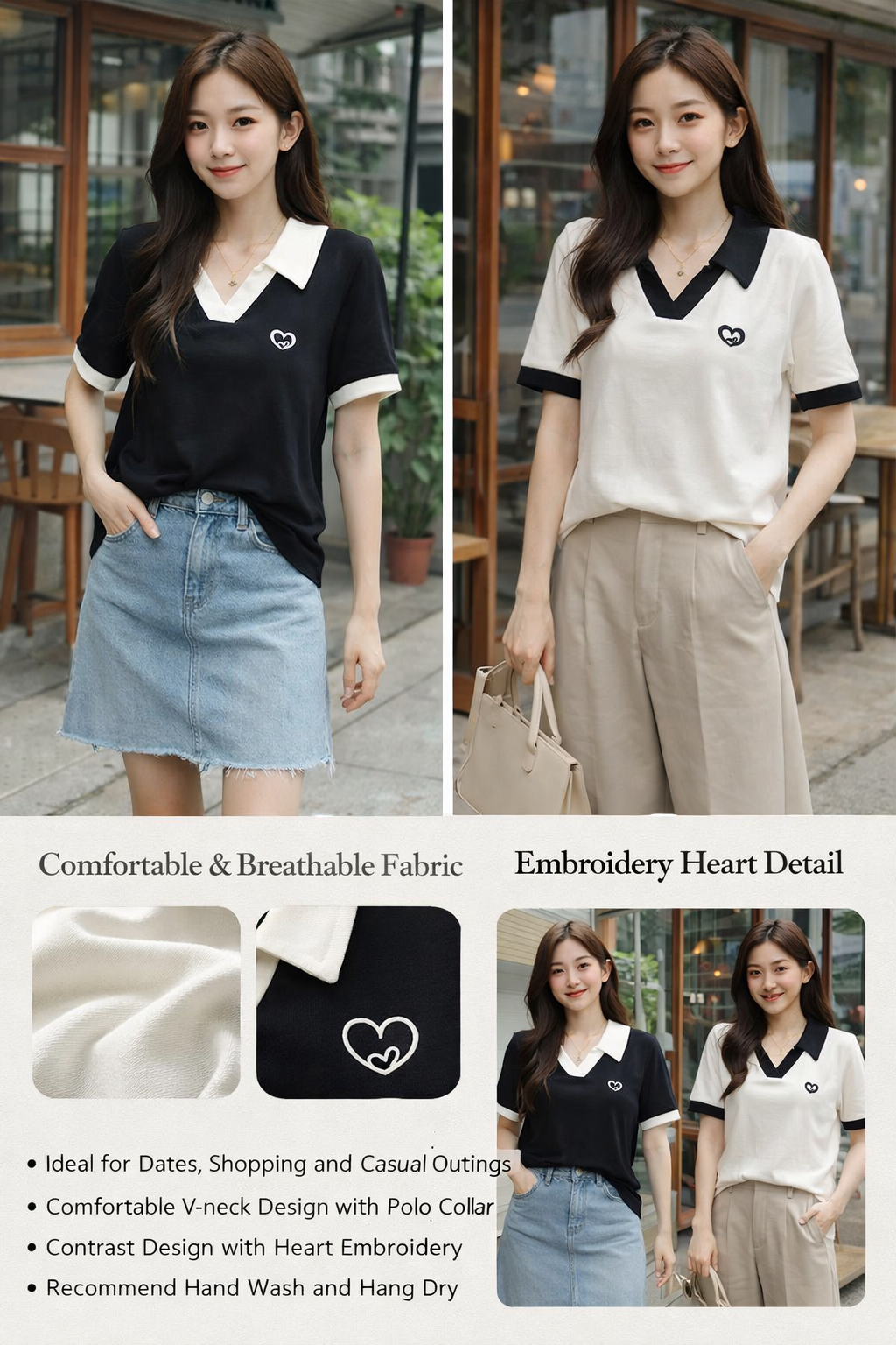 Women's Heart Embroidery V-Neck Polo Short Sleeve T-Shirt