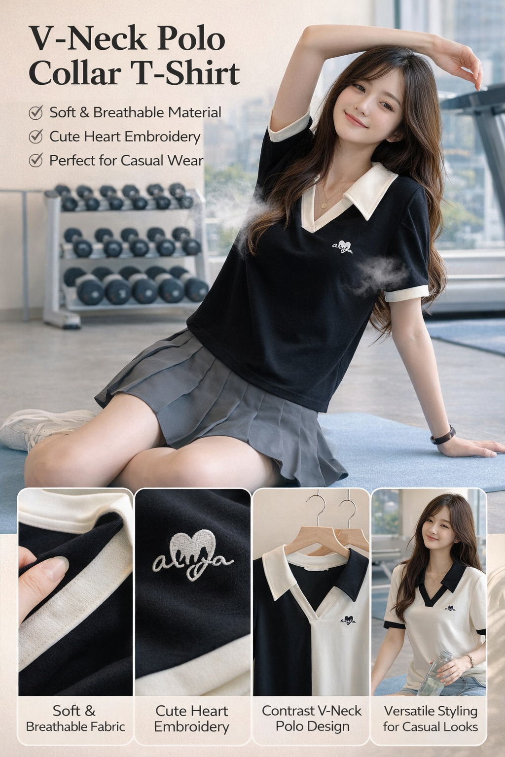Women's Heart Embroidery V-Neck Polo Short Sleeve T-Shirt