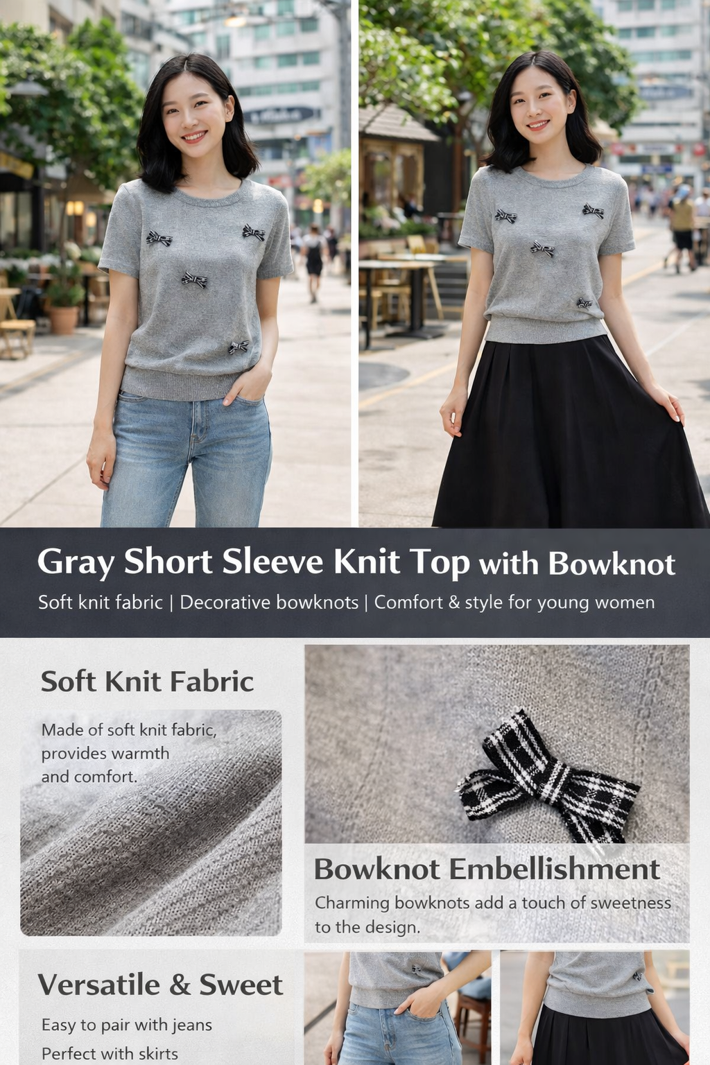 Grey Short-sleeve Knit Top