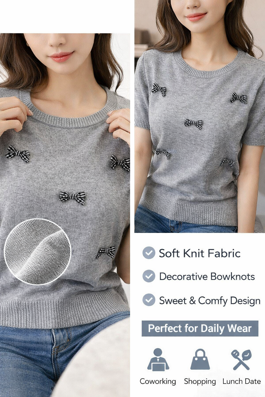 Grey Short-sleeve Knit Top