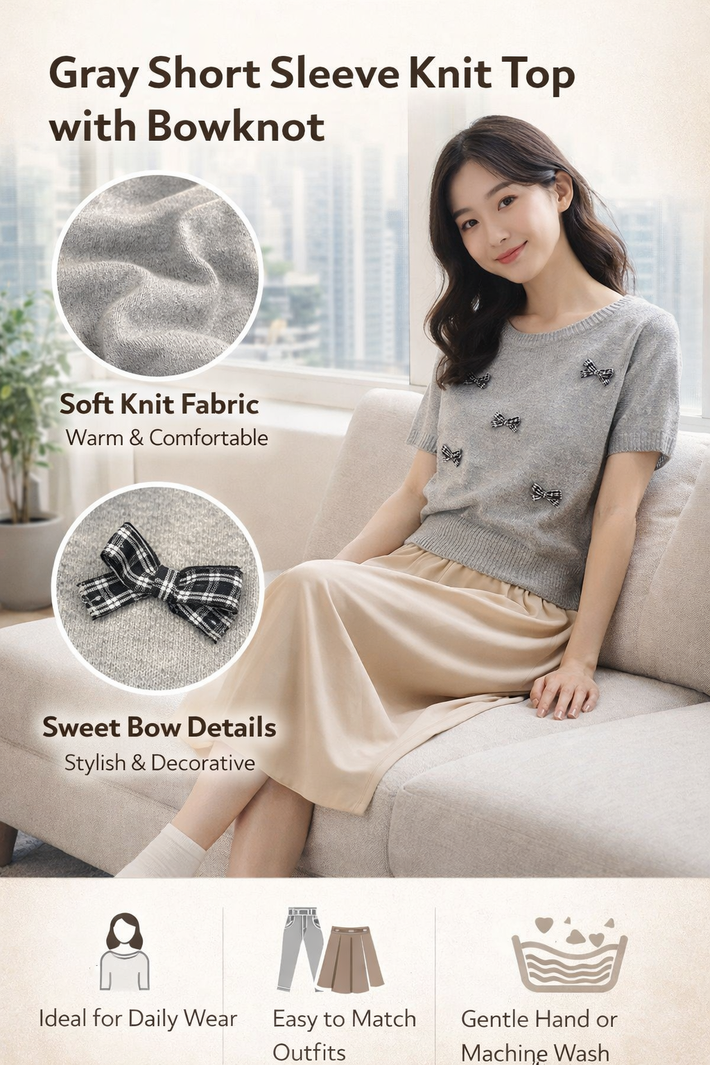 Grey Short-sleeve Knit Top