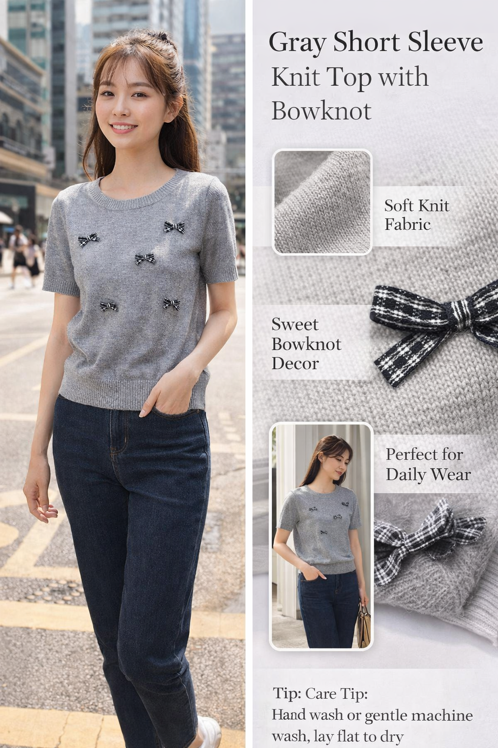 Grey Short-sleeve Knit Top