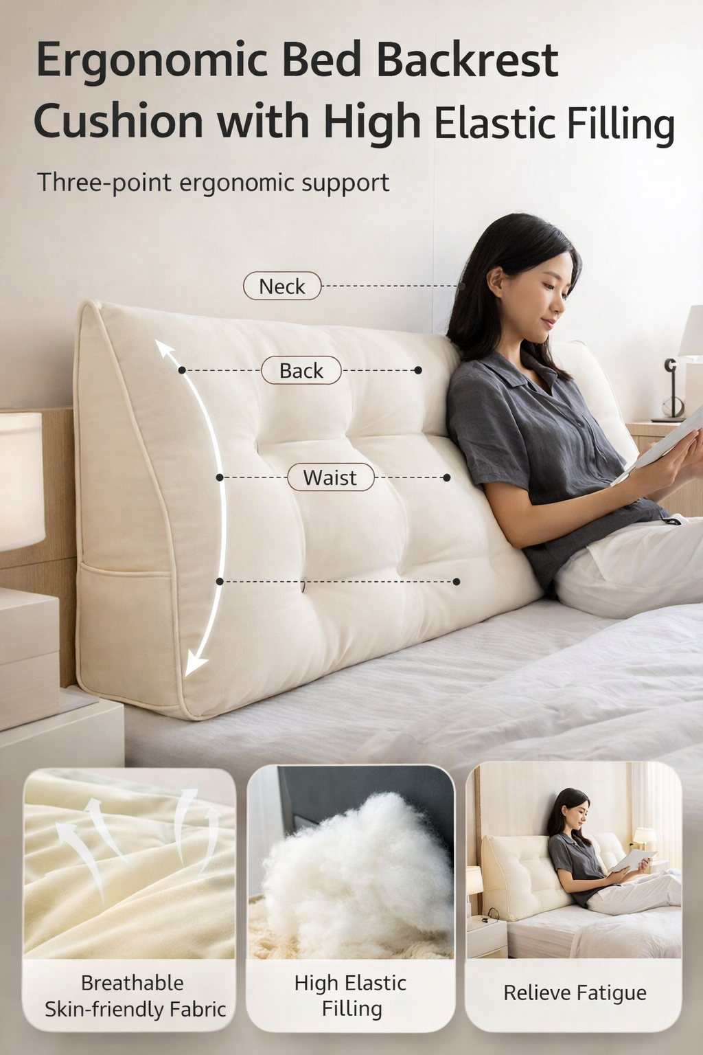 Beige Ergonomic Bed Cushion
