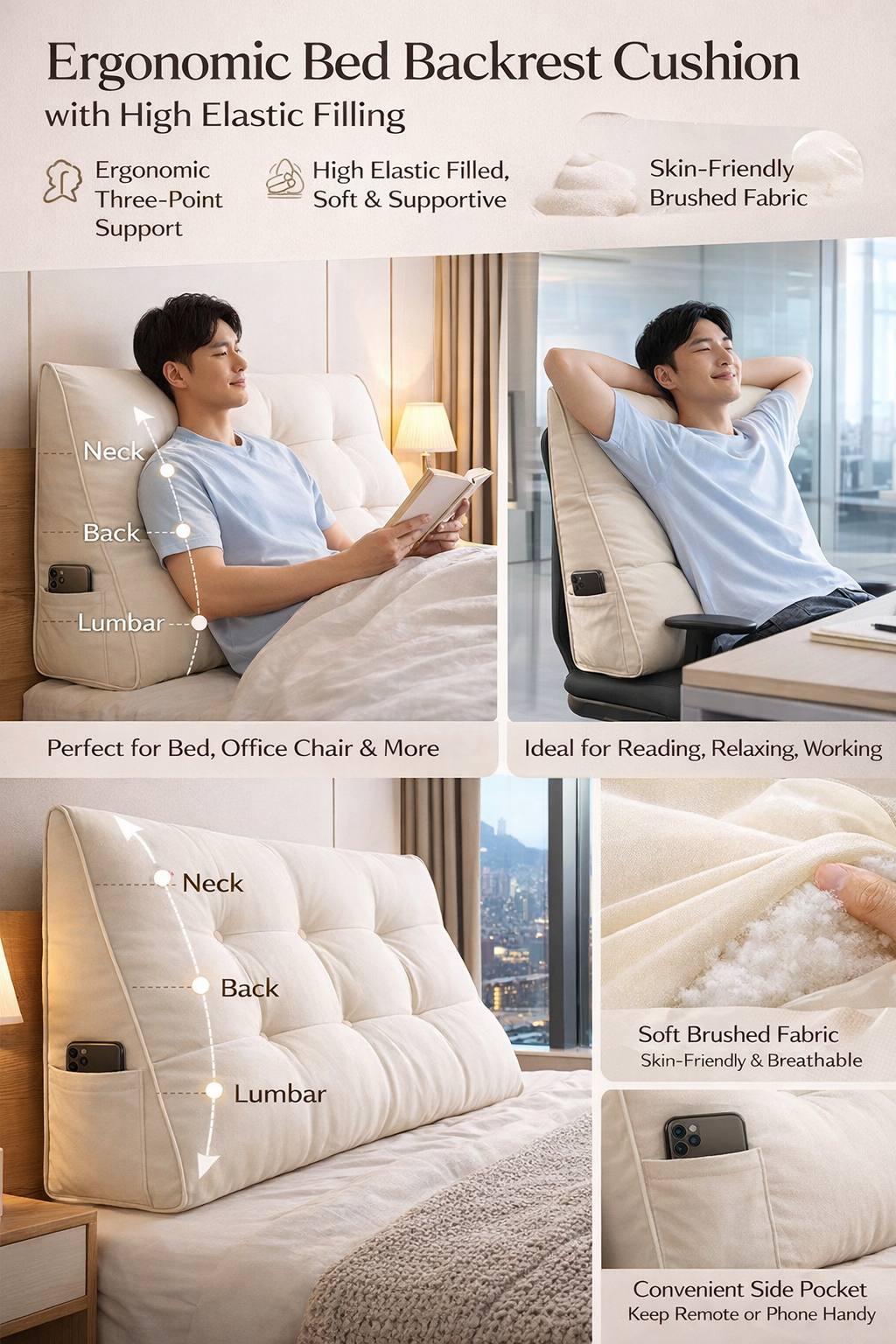 Beige Ergonomic Bed Cushion