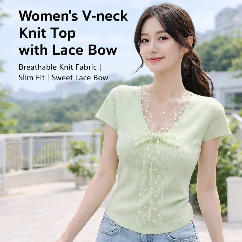 Women V-neck Lace Bow Knit Top