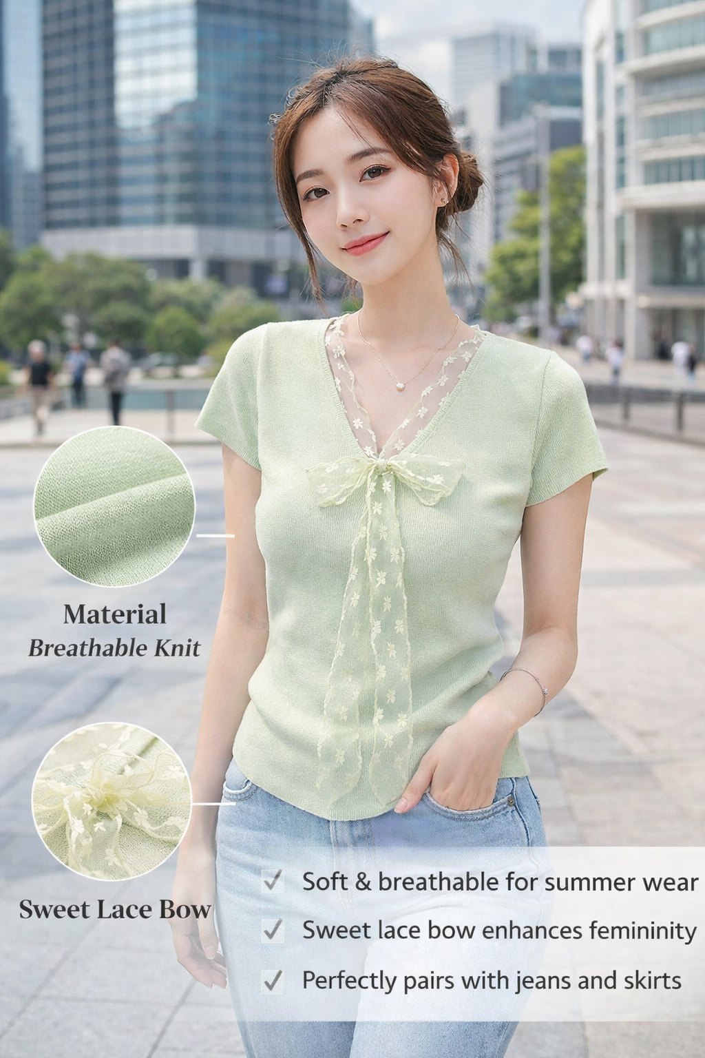 Women V-neck Lace Bow Knit Top
