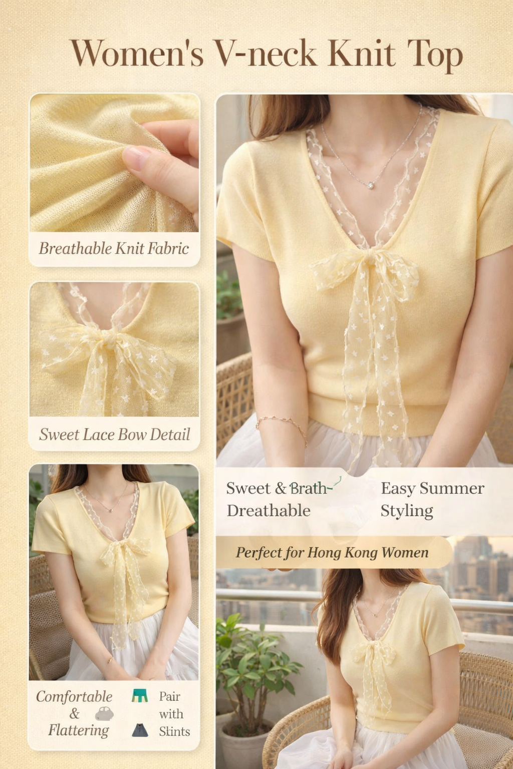 Women V-neck Lace Bow Knit Top
