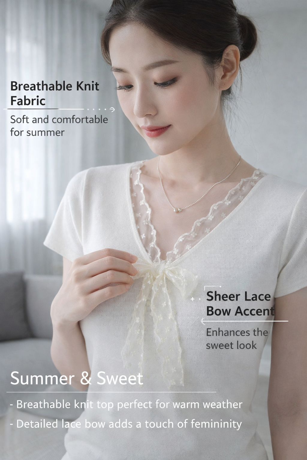 Women V-neck Lace Bow Knit Top