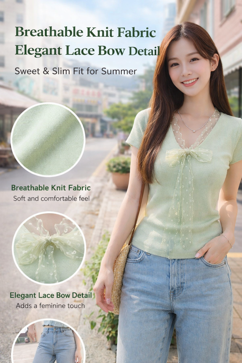 Women V-neck Lace Bow Knit Top