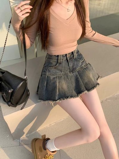 Light Blue Denim Pleated Skirt
