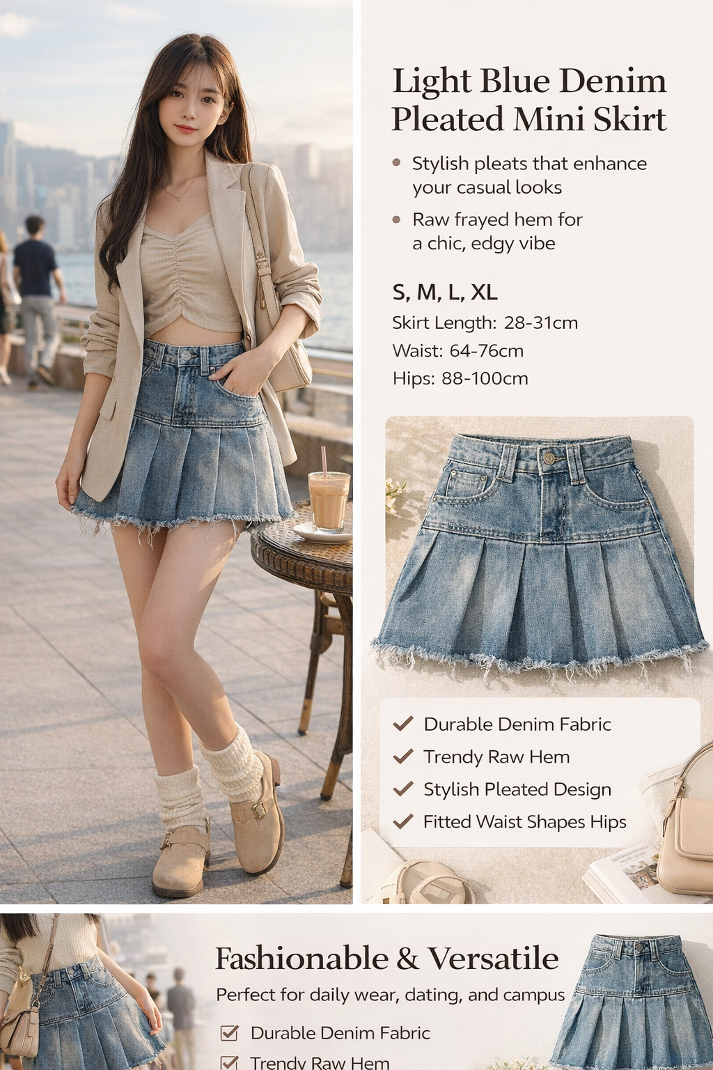 Light Blue Denim Pleated Skirt