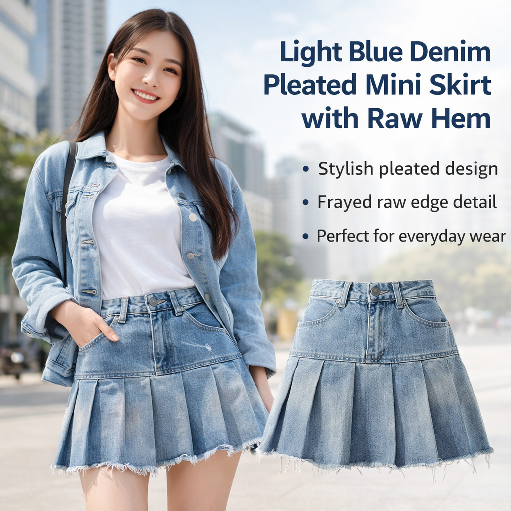 Light Blue Denim Pleated Skirt
