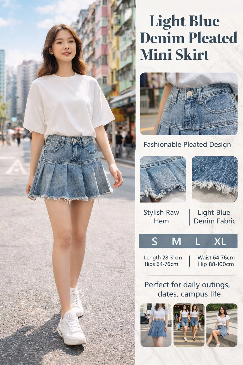 Light Blue Denim Pleated Skirt