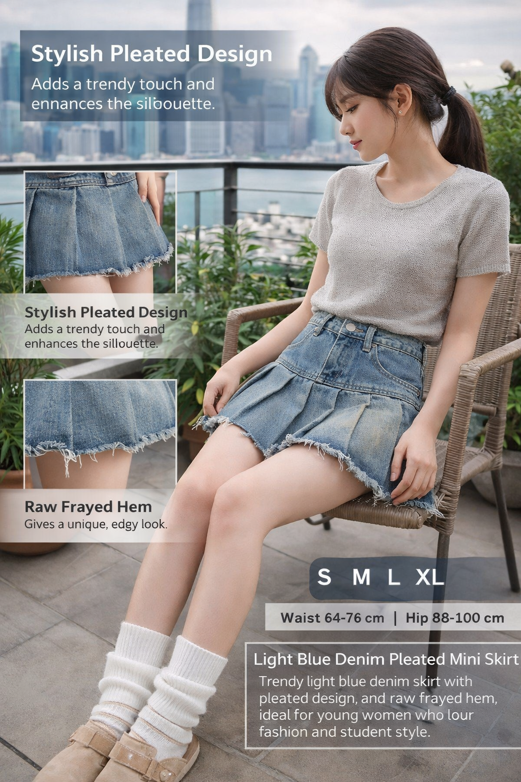 Light Blue Denim Pleated Skirt