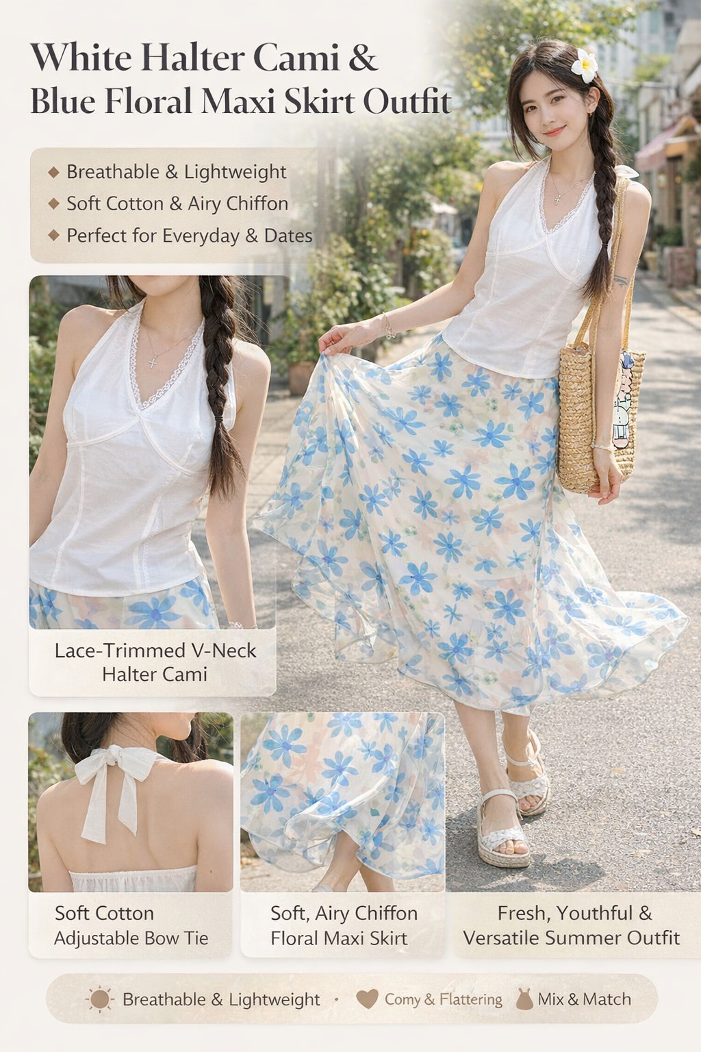 Summer White Lace Halter Top & Floral Skirt Set