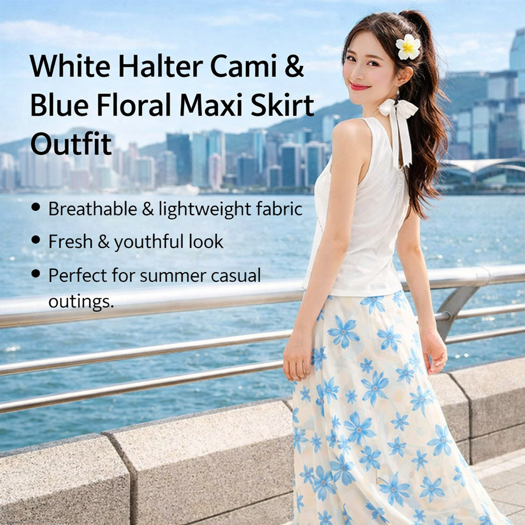 Summer White Lace Halter Top & Floral Skirt Set