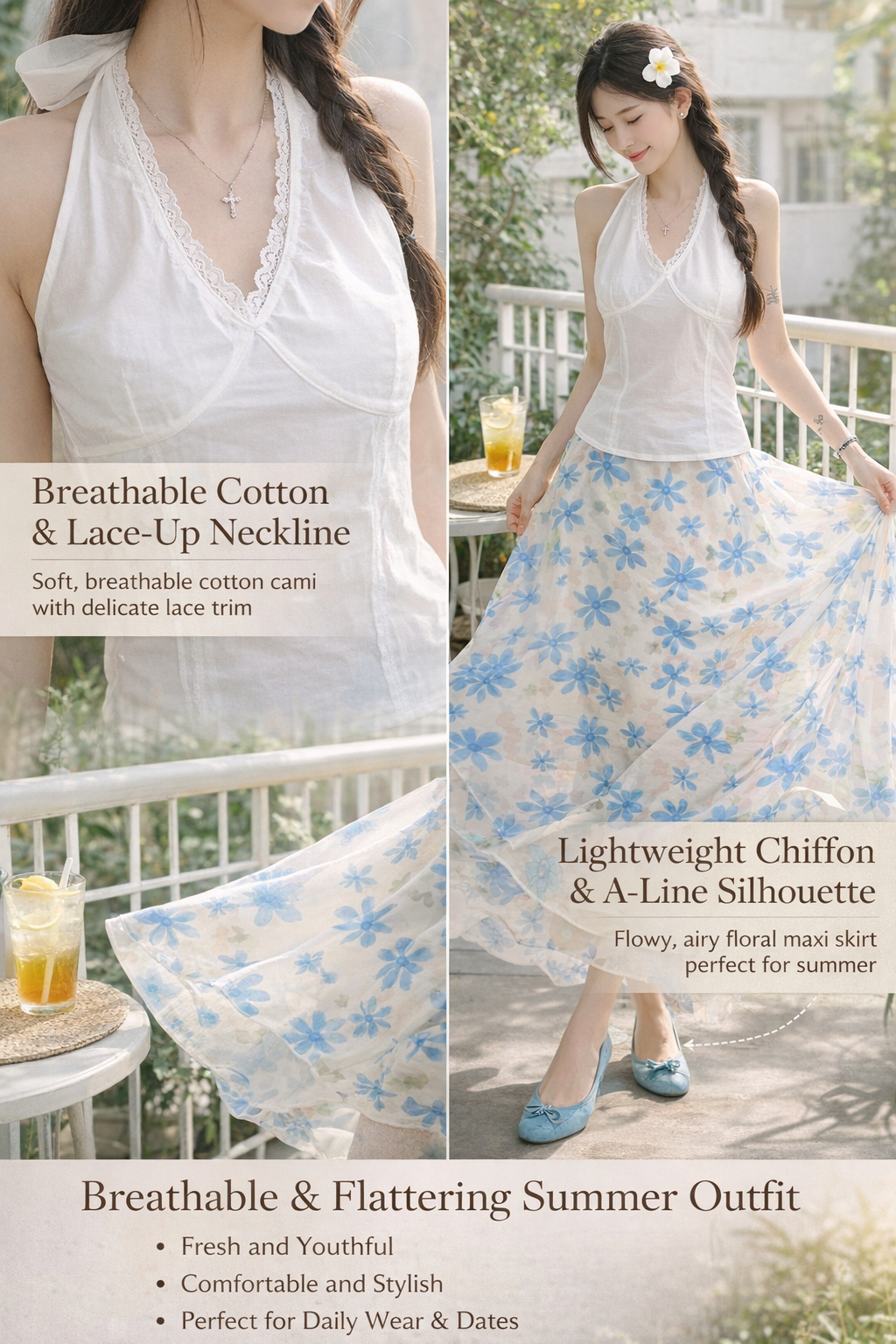 Summer White Lace Halter Top & Floral Skirt Set