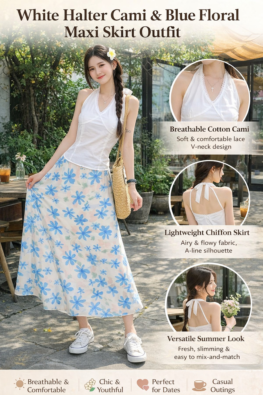 Summer White Lace Halter Top & Floral Skirt Set