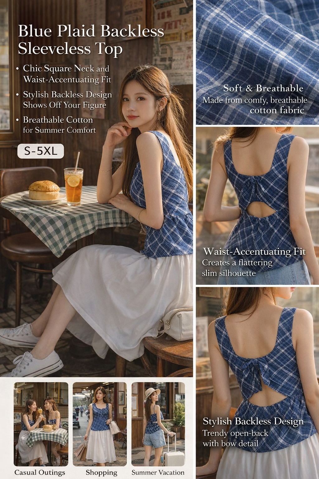 Blue Plaid Sleeveless Backless Women's Top