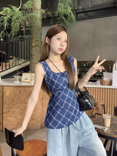 Blue Plaid Sleeveless Backless Women's Top