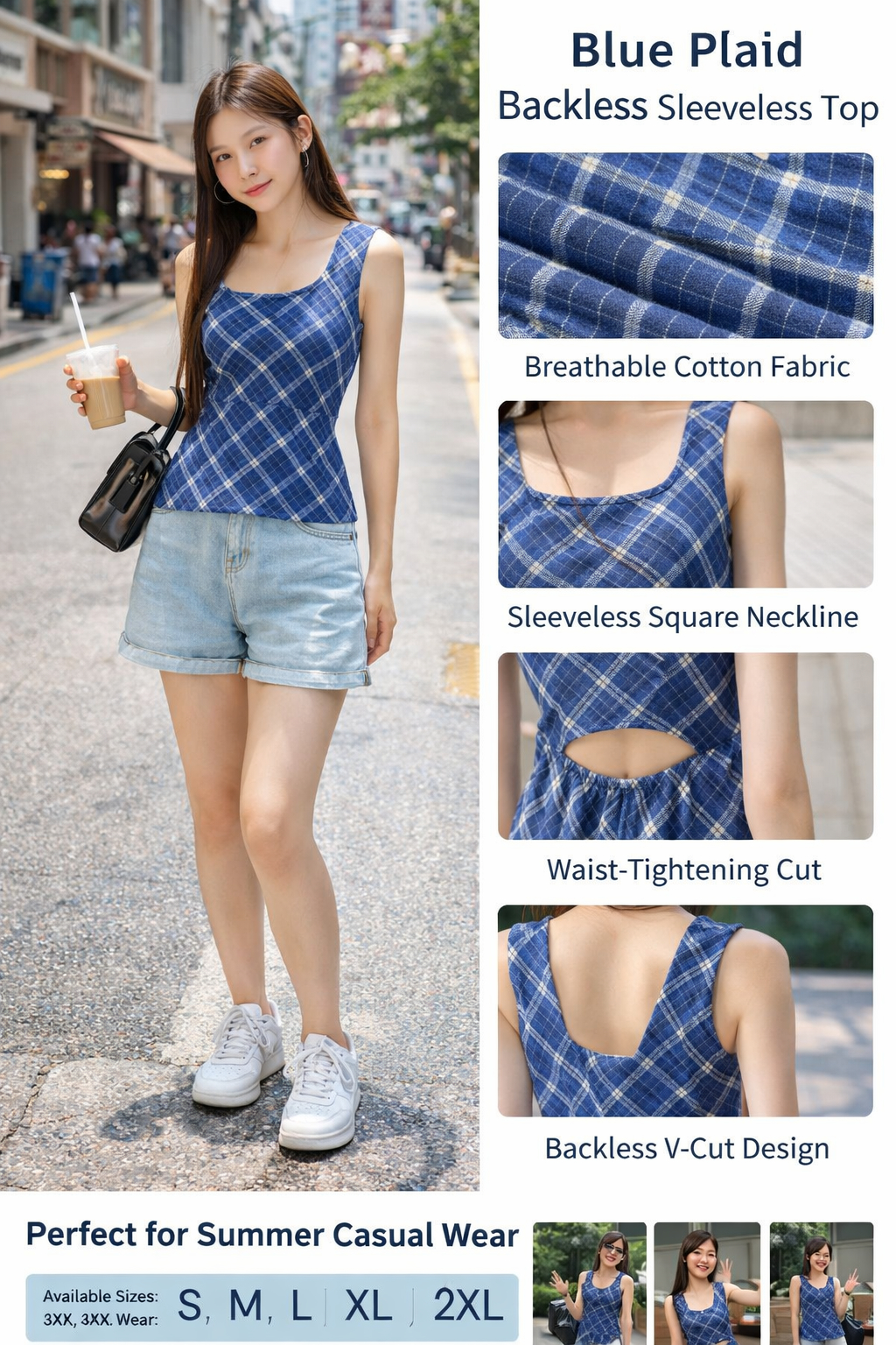 Blue Plaid Sleeveless Backless Women's Top