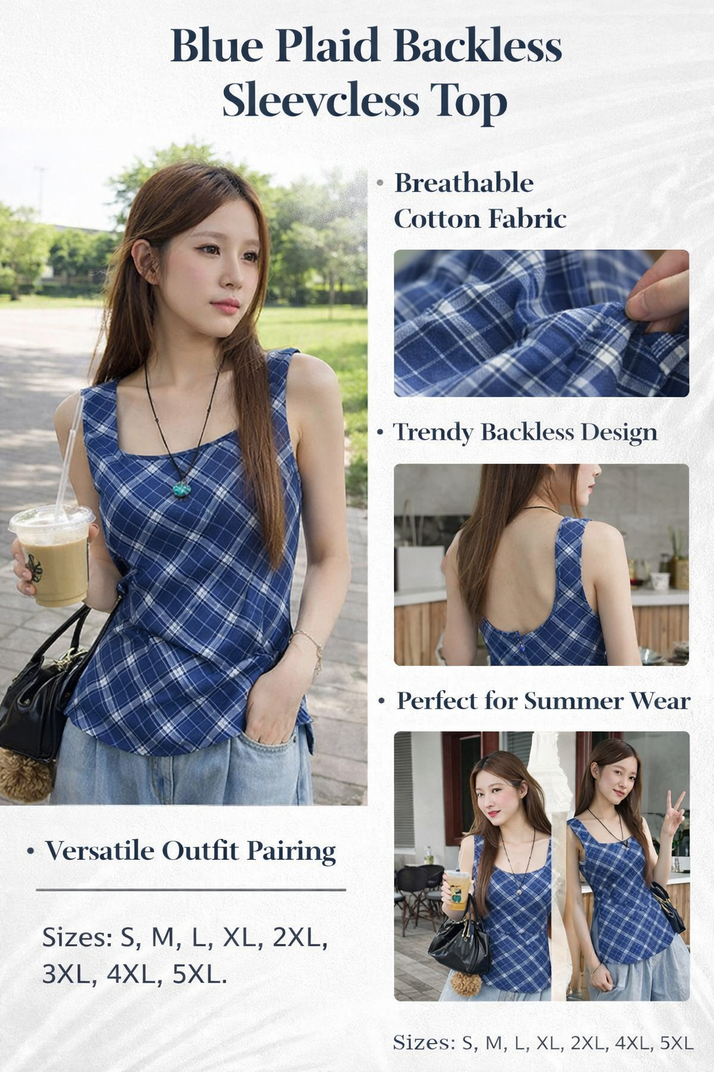 Blue Plaid Sleeveless Backless Women's Top