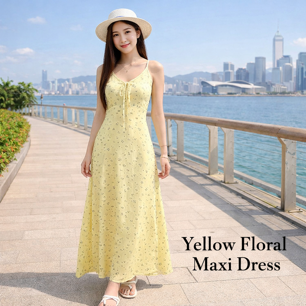 Black Yellow Floral V-neck Dress