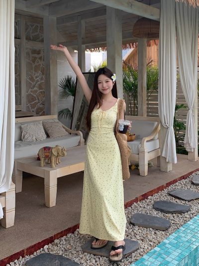 Black Yellow Floral V-neck Dress