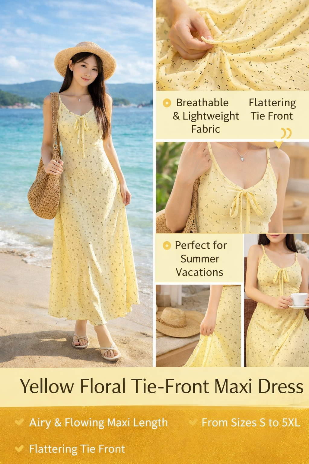 Black Yellow Floral V-neck Dress