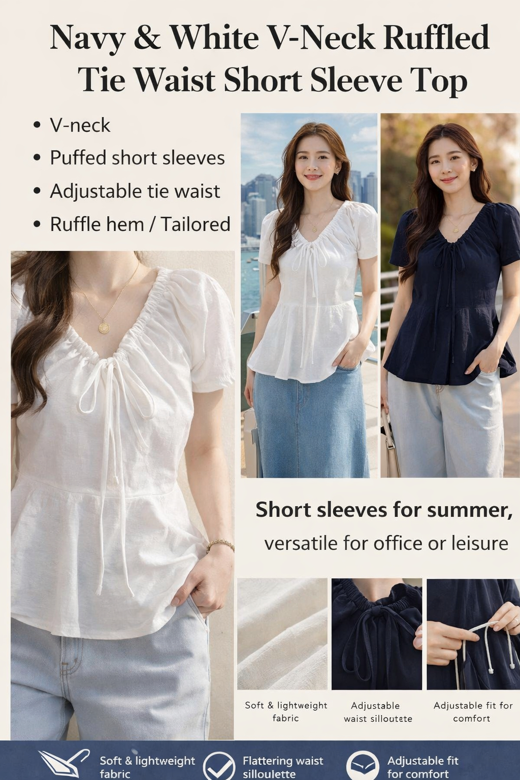 Navy White V-Neck Women's Top