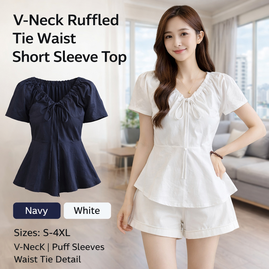 Navy White V-Neck Women's Top
