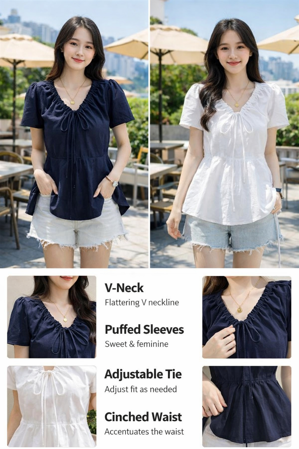 Navy White V-Neck Women's Top