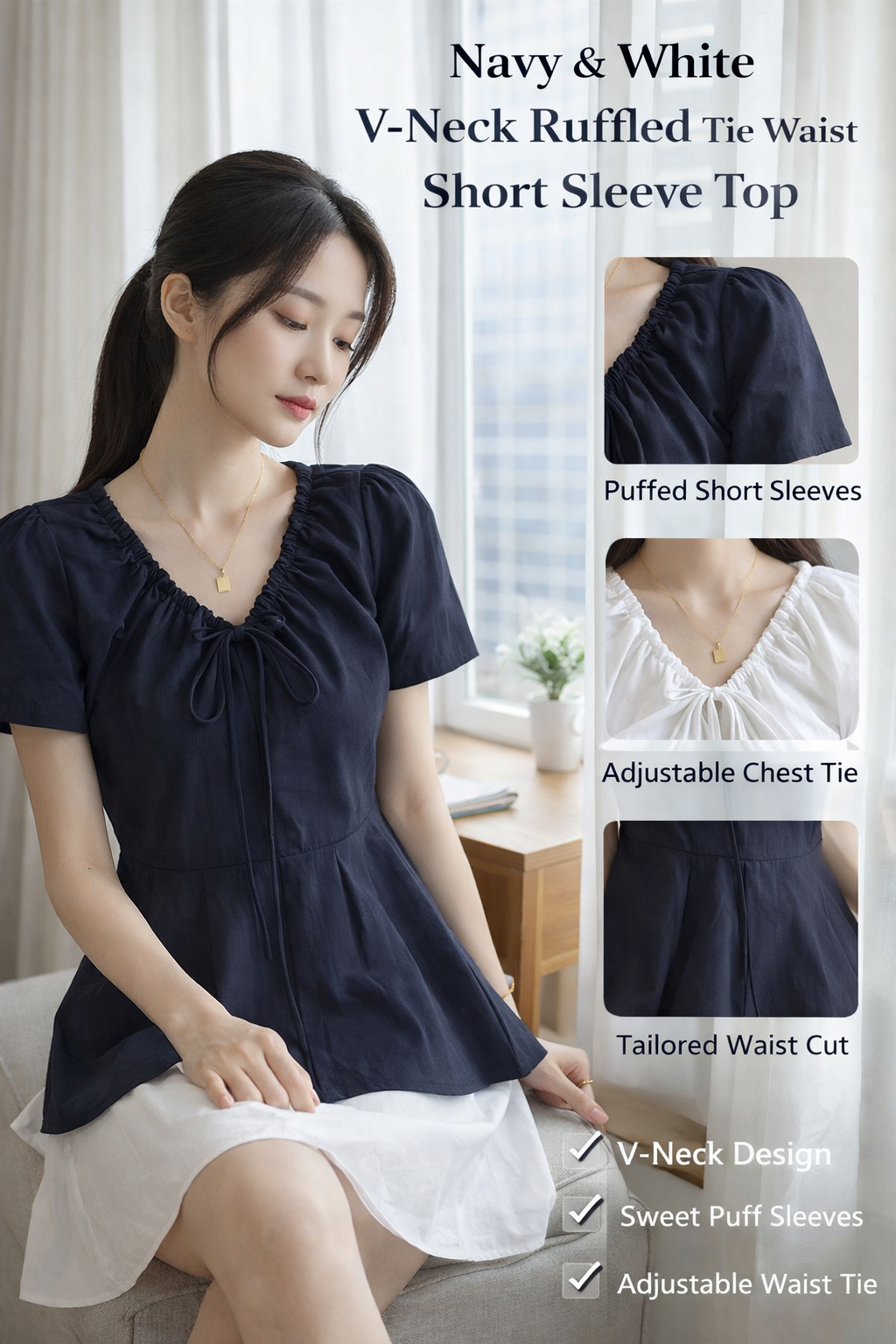 Navy White V-Neck Women's Top