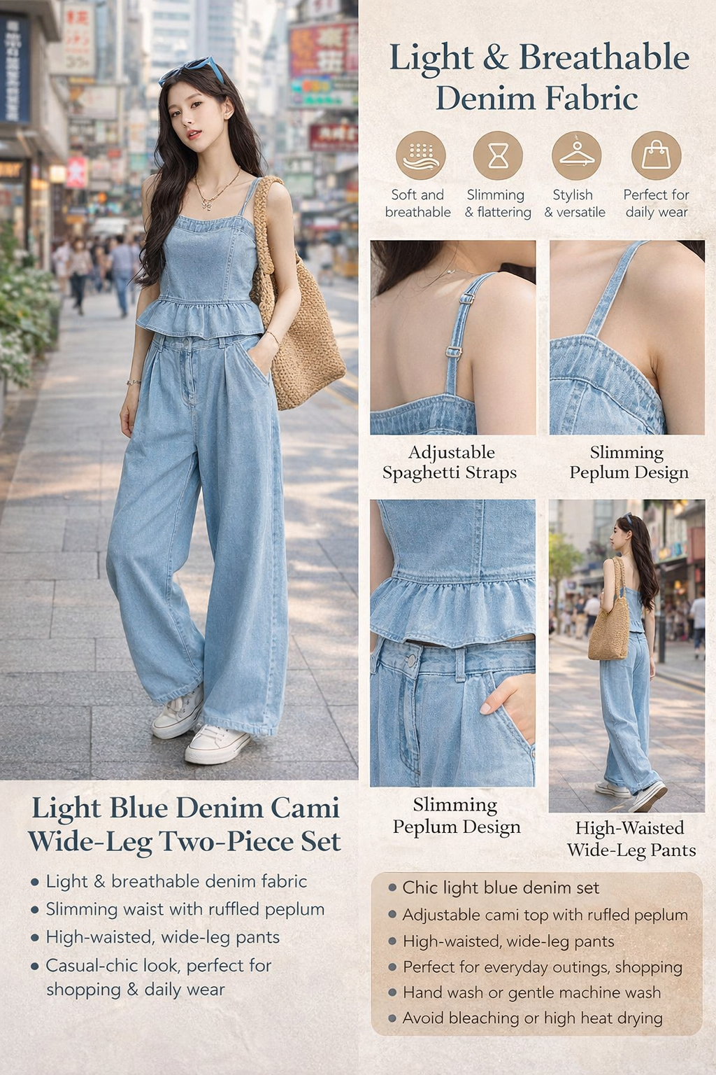 Light Blue Denim Cami Pant Set